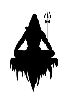 the silhouette of a woman sitting in front of a trinket and holding a staff