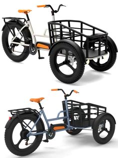 two different views of an electric bike with wheels and basket on the front, side and back