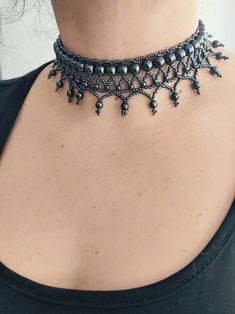 Cheap Handmade Choker With Round Beads, Black Beaded Choker, Black Gothic Handmade Body Jewelry, Handmade Black Gothic Body Jewelry, Handmade Gothic Black Body Jewelry, Gothic Black Body Jewelry For Party, Handmade Gothic Body Jewelry For Party, Handmade Black Punk Choker, Handmade Punk Black Choker