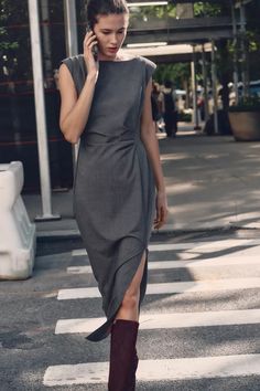 PLEATED WAIST MIDI DRESS - Anthracite grey | ZARA United States Zara Fall, Grey Midi Dress, Dress Zara, Satin Midi Skirt, Cardigan Sweater Dress, Shirt Blouses Tops, Feminine Look, Dress Outfit, Midi Dress Sleeveless