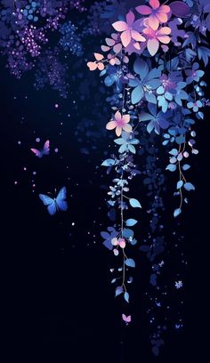 purple flowers and butterflies on a black background