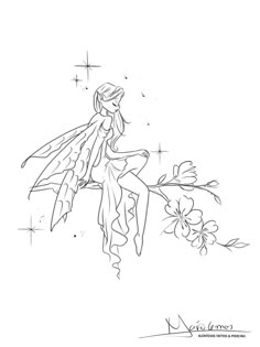 a drawing of a fairy sitting on a branch