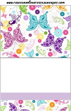 an image of butterflies and flowers on a white background with purple, blue, green, yellow