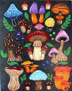 a painting of many different types of mushrooms on a black background with leaves and flowers