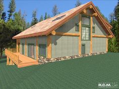 this is an artist's rendering of a small log cabin with porch and covered patio