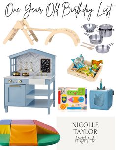 a birthday gift guide for a one year old boy with toys and gifts to give him