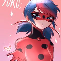 a ladybug girl with blue hair wearing a red and black outfit