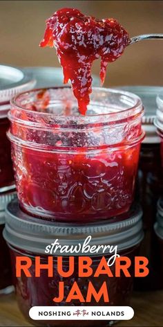 Taking a spoonful of strawberry rhubarb jam from a small jar that is perched on another small jar. Rhubarb Jam No Pectin, Homesteading Recipes, Rhubarb Bread, Growing Rhubarb, Rhubarb Jam Recipes, Fresh Rhubarb, Strawberry Rhubarb Jam, Rhubarb Plants, Modern Homestead