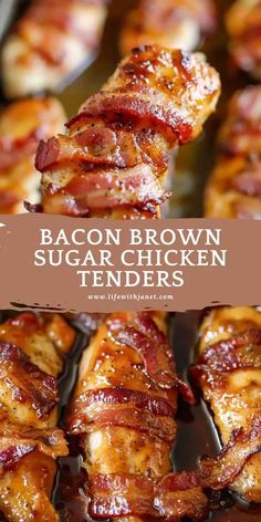 bacon brown sugar chicken tenders on a baking sheet with the title text above it