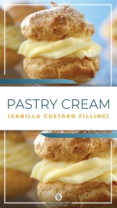 pastry cream with vanilla custard filling in between the two images is an image of pastries