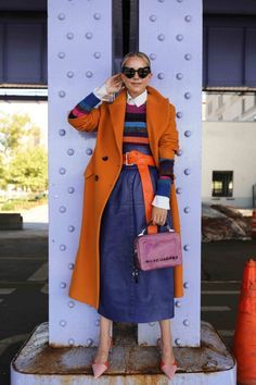 Creative Style Personality, Jean Looks For Women, Colorful Skirt Outfits, Orange Sweater Dress, Argyle Vest, Orange Jeans, Orange Coat