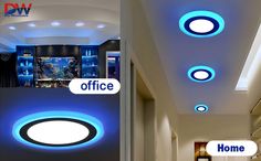 an office hallway with blue lights and white lighting on the ceiling is pictured in this image