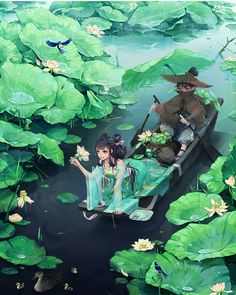 two people in a boat surrounded by lily pads and water lillies, floating on the water