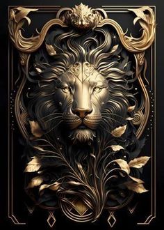 a golden lion head with leaves on it's face in an art nouveau style