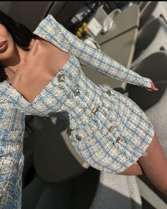 ‘Ray' Tweed Dress In Blue Tweed Outfits, Tweed Outfit, Court Wedding, Going Shopping, Paris Dresses, Tweed Dress, High End Fashion, Elegant Outfit, Classy Outfits