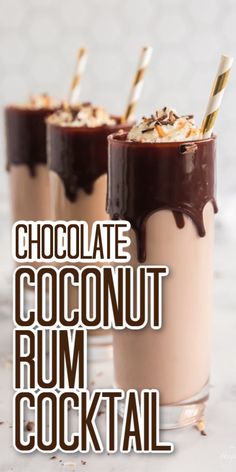 two glasses filled with chocolate coconut rum cocktail on top of a white table next to the words, chocolate coconut rum cocktail