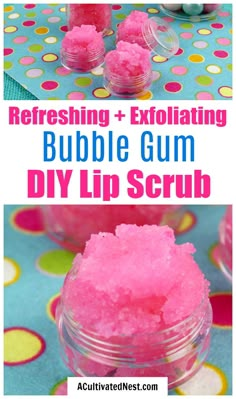 DIY Bubble Gum Lip Scrub- Want beautiful lips? This DIY bubble gum lip scrub will exfoliate your lips and leave them feeling so refreshed! This homemade lip scrub also makes a wonderful DIY gift! | make your own sugar scrub, #lipScrub #sugarScrub #DIY #DIYgift #ACultivatedNest Peppermint Lip Scrub Diy, Make Your Own Scrub, Diy Bubble Gum, Make Your Own Sugar Scrub, Edible Lip Scrub, Joululahjat Diy, Homemade Lip Scrub, Diy Body Scrub Recipes, Diy Lip Balm Recipes