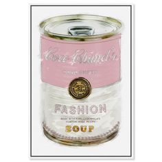 a painting of a pink and white canned food can with the words fashion on it