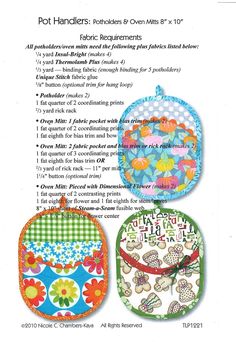 instructions for pot holders and oven mitts, with pictures of the patterns on them