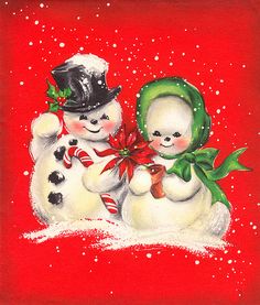 two snowmen are standing next to each other in front of a red background with snow flakes