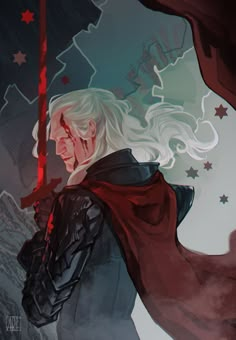 a drawing of a woman with white hair and red cape standing in front of stars