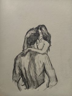 a drawing of two people hugging each other in the middle of their arms, with one woman's back to the camera