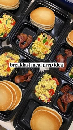 breakfast meal prepped in black trays on counter top with text overlay reading breakfast meal prep idea