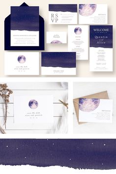 the wedding stationery is shown with purple and blue watercolors, including an envelope,