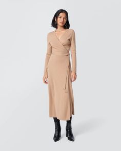 Astrid Wool-Cashmere Wrap Dress – Diane von Furstenberg Winter Wrap Dress, Camel Dress Outfit, Dvf Wrap Dress Outfit, Black Dresses Graduation, Aesthetic Closet, Wrap Dress Diane Von Furstenberg, Wrap Dress Outfit, Cashmere Wrap Sweater, Camel Dress