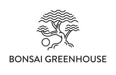 the bonsai greenhouse logo is shown in black and white, with an image of a tree