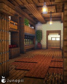 an image of a room with wood floors and wooden beams on the ceiling, in minecraft