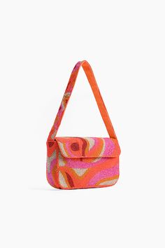 Luxe Embellished shoulder bag Colorful beads embellishments all-over Embellished shoulder straps Magnetic Button closure Lined interiors with zip pocket Size: 11" X 5.5" X 2" America And Beyond Bags, Dance Acro, Golden Poppy, Embellished Bags, Colorful Bags, Salou, Beaded Handbag, Beaded Purses