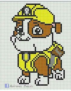 a cross stitch pattern with an image of a dog wearing a hat and yellow shirt