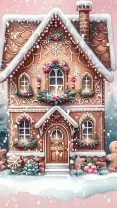 a gingerbread house decorated for christmas with snow falling on the ground and decorations around it