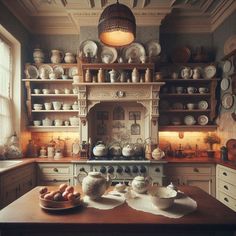 an old fashioned kitchen with lots of plates and bowls on the counter top in front of it