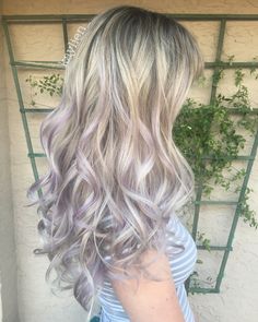 Subtle Purple Hair Blonde, Lavender Toner On Blonde, Blonde And Lavender Hair Highlights, Lavender Highlights Blonde, Blonde With Lavender Highlights, Icy Purple Blonde Hair, Lilac Highlights Blonde, Blonde Hair With Lavender Highlights, Lavender Peekaboo Hair