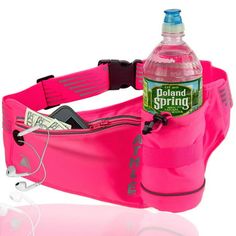 a pink fanny bag with money in it and a bottle of spring water in the pocket