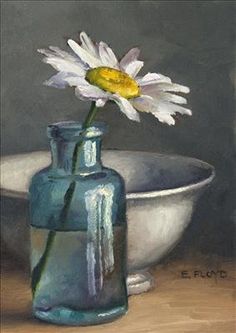 a painting of a blue vase with a white flower in it and a bowl behind it