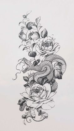 a drawing of roses and snakes on a white background