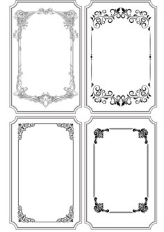 four different frames with floral designs and scrolls on the sides, all in black and white