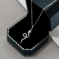 This necklace captures the sinuous grace of a snake's form, featuring a delicate snake pendant adorned with intricate pave detailing. The lustrous sterling silver construction ensures enduring shine, making it a versatile accessory that seamlessly transitions from casual to elegant. Whether chosen for its symbolic significance or its stylish charm, this necklace is a captivating embodiment of both modern aesthetics and timeless allure, effortlessly adding a touch of intrigue and sophistication t Serpent Necklace, Real Gold Jewelry, Snake Pendant, Snake Earrings, Snake Necklace, Best Jewelry, Silver 925 Necklace, Silver Pieces, Shiny Silver