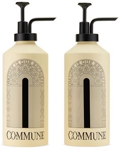 two bottles of soap with black caps on them and the words commune written in white