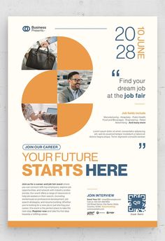 an orange and white flyer for a business event with the letter e on it's side