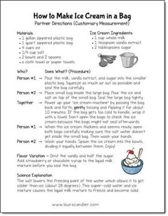 how to make ice cream in a bag worksheet with instructions for students and parents