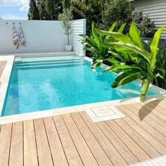 an empty swimming pool with wooden decking and plants in the foreground on a sunny day