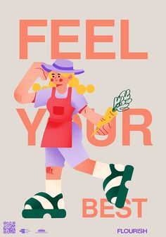 a woman in an apron and hat holding a carrot with the words feel your best