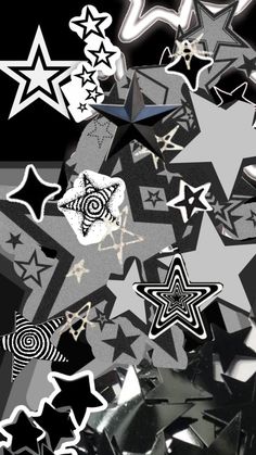 an abstract background with many stars and circles in black and white colors, including one star on the left side