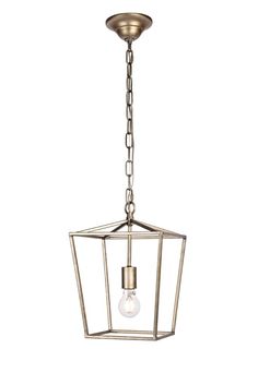 a light fixture hanging from the ceiling with a chain around it and an open cage design