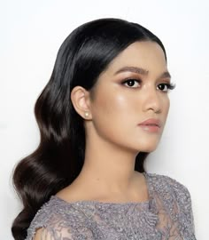 Sleek And Wavy Hairstyles, Mid Length Event Hairstyles, Slick Wedding Hair Down, Slick Back Waves Hair, Slick Back Middle Part Hair Down, Middle Parting Slick Back, Bridal Hairstyles For Mid Length Hair, Medium Length Special Occasion Hair, Sleek Middle Part Hair Down Wedding