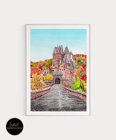 a watercolor painting of a castle in autumn